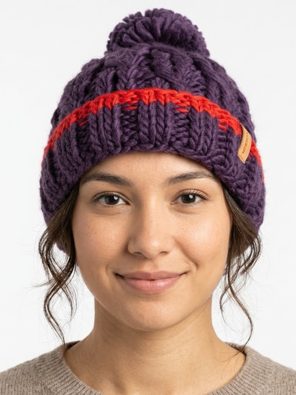 Chunky Knit Pom Beanie in Purple with Red Stripe Merrell